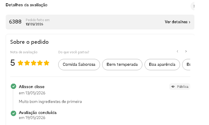 Avaliação cinco estrelas de cliente no iFood