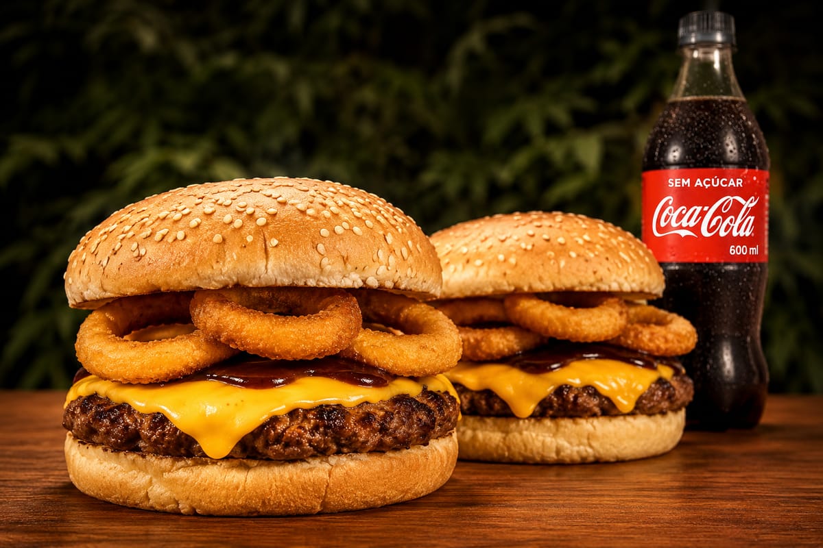 Dois cheeseburgers com onion rings e molho barbecue