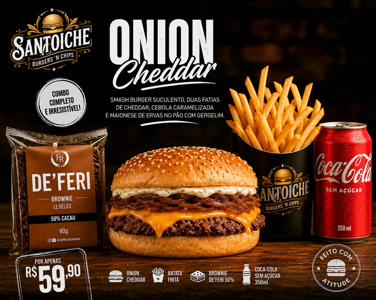 Combo Onion Cheddar com batata frita e refrigerante